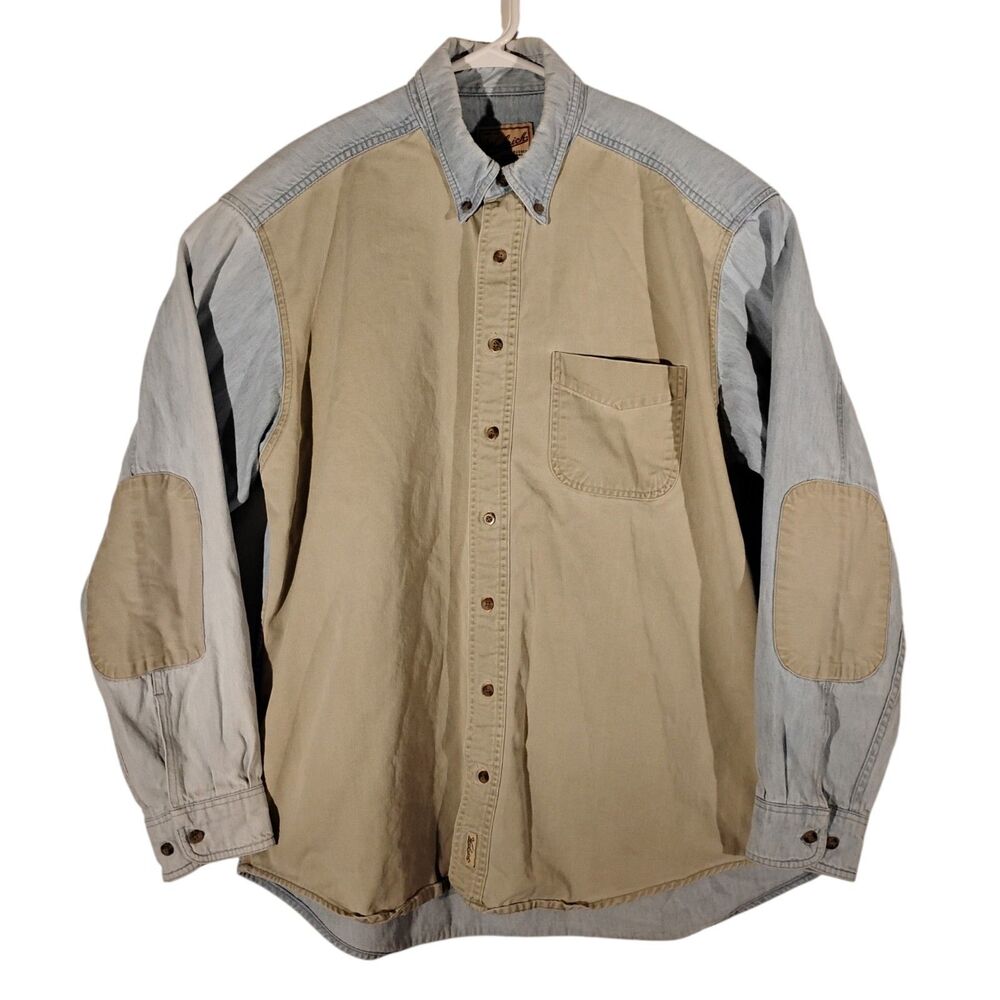 Woolrich vintage denim shirt mens XL Xlarge blue beige elbow patch long sleeve